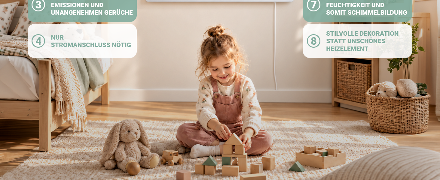 Kind spielt im gem&uuml;tlichen Kinderzimmer mit Heidenfeld Infrarotheizung. Vorteile wie geruchsfreier Betrieb, einfacher Stromanschluss und stilvolles Design.